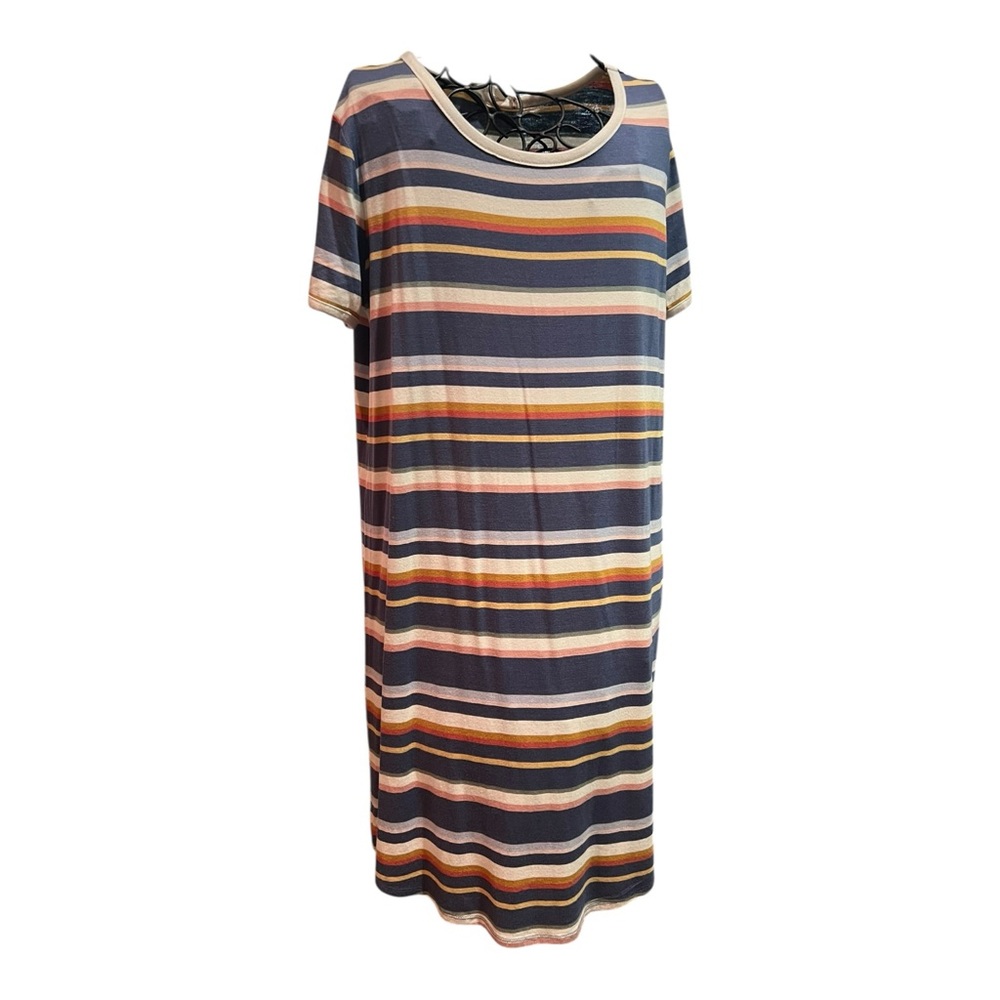 NWT L Pink Rose Women’s Gray Striped Casual T-shirt Dress Tunic Stretch Size L